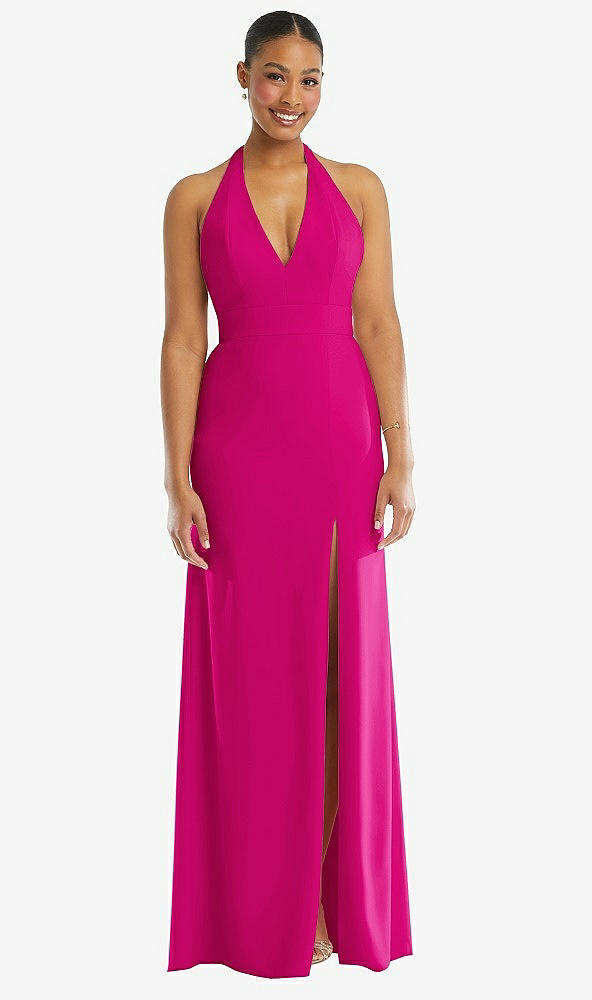 Front View - Think Pink Plunge Neck Halter Backless Trumpet Gown with Front Slit