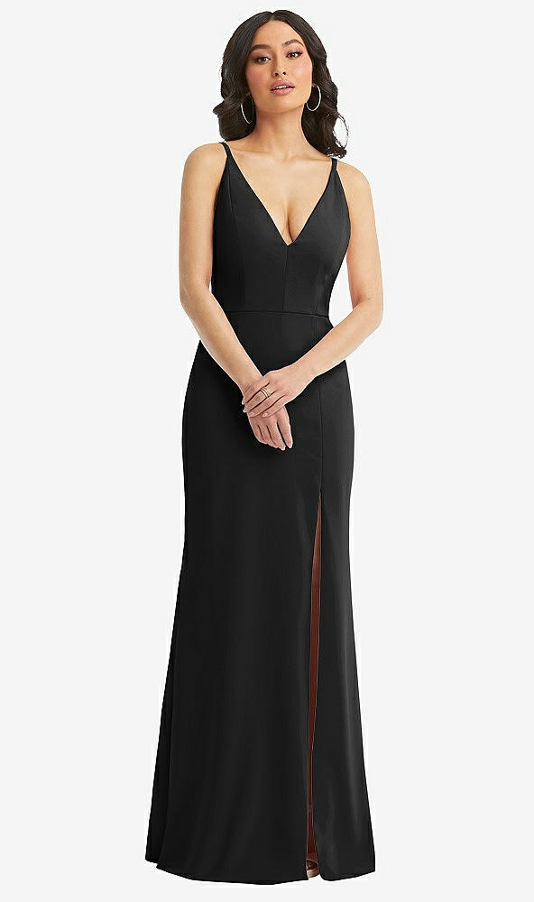 Front View - Black Skinny Strap Deep V-Neck Crepe Trumpet Gown with Front Slit