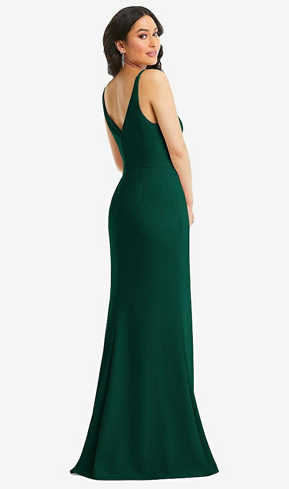 Back View - Hunter Green Skinny Strap Deep V-Neck Crepe Trumpet Gown with Front Slit