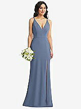 Alt View 1 Thumbnail - Larkspur Blue Skinny Strap Deep V-Neck Crepe Trumpet Gown with Front Slit