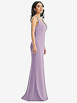 Side View Thumbnail - Pale Purple Skinny Strap Deep V-Neck Crepe Trumpet Gown with Front Slit