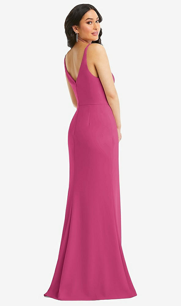 Back View - Tea Rose Skinny Strap Deep V-Neck Crepe Trumpet Gown with Front Slit