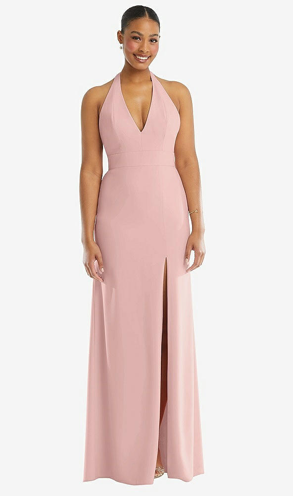 Front View - Rose - PANTONE Rose Quartz Plunge Neck Halter Backless Trumpet Gown with Front Slit