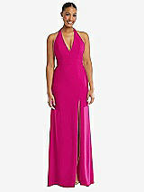 Front View Thumbnail - Think Pink Plunge Neck Halter Backless Trumpet Gown with Front Slit