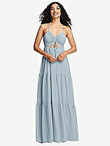 Front View Thumbnail - Mist Drawstring Bodice Gathered Tie Open-Back Maxi Dress with Tiered Skirt
