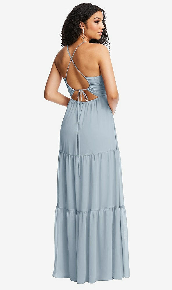 Back View - Mist Drawstring Bodice Gathered Tie Open-Back Maxi Dress with Tiered Skirt