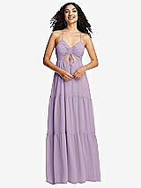 Front View Thumbnail - Pale Purple Drawstring Bodice Gathered Tie Open-Back Maxi Dress with Tiered Skirt