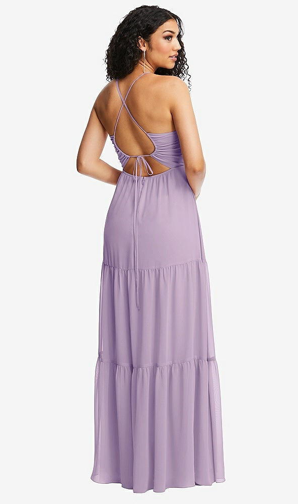 Back View - Pale Purple Drawstring Bodice Gathered Tie Open-Back Maxi Dress with Tiered Skirt