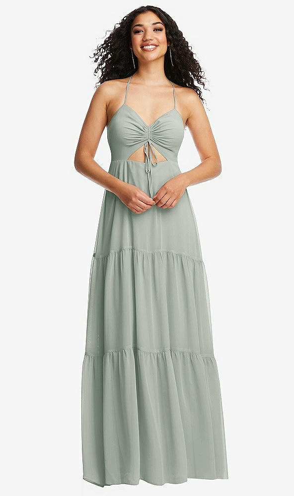 Front View - Willow Green Drawstring Bodice Gathered Tie Open-Back Maxi Dress with Tiered Skirt