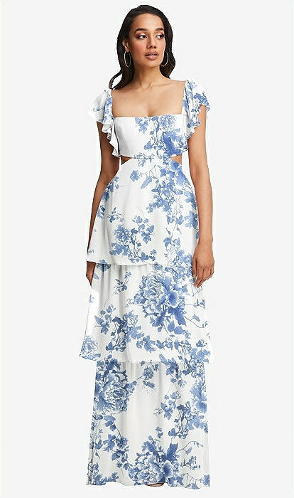 Flutter Sleeve Cutout Tie-back Maxi Bridesmaid Dress With Tiered Ruffle  Skirt In Cottage Rose Dusk Blue | The Dessy Group