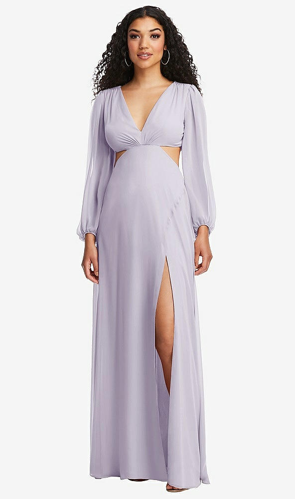 Front View - Moondance Long Puff Sleeve Cutout Waist Chiffon Maxi Dress 