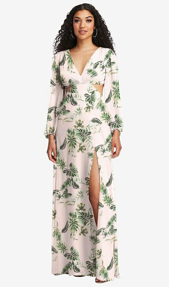 Front View - Palm Beach Print Long Puff Sleeve Cutout Waist Chiffon Maxi Dress 