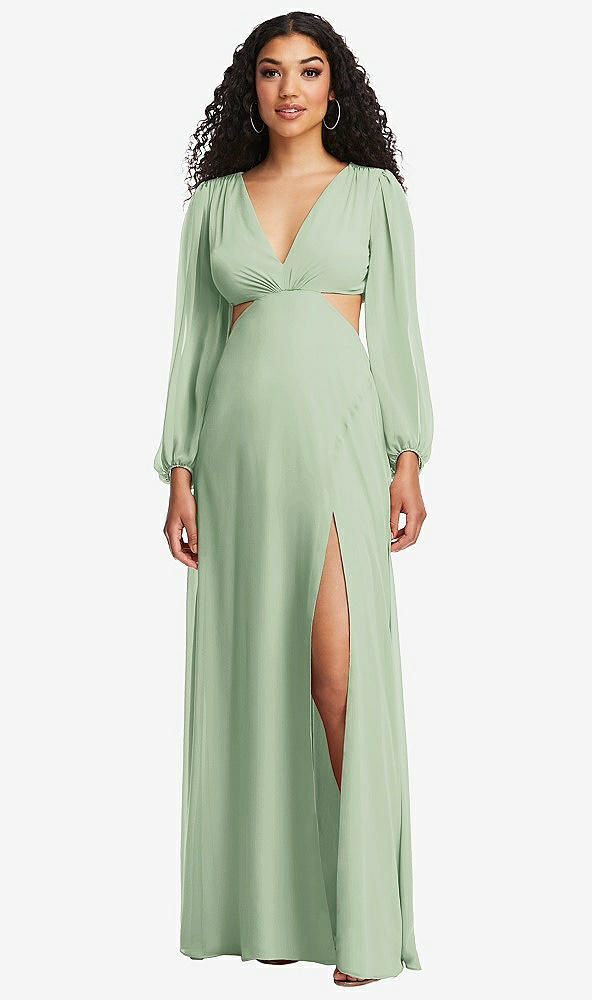 Front View - Celadon Long Puff Sleeve Cutout Waist Chiffon Maxi Dress 