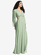 Side View Thumbnail - Celadon Long Puff Sleeve Cutout Waist Chiffon Maxi Dress 