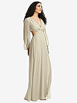 Side View Thumbnail - Champagne Long Puff Sleeve Cutout Waist Chiffon Maxi Dress 