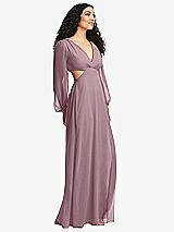 Side View Thumbnail - Dusty Rose Long Puff Sleeve Cutout Waist Chiffon Maxi Dress 