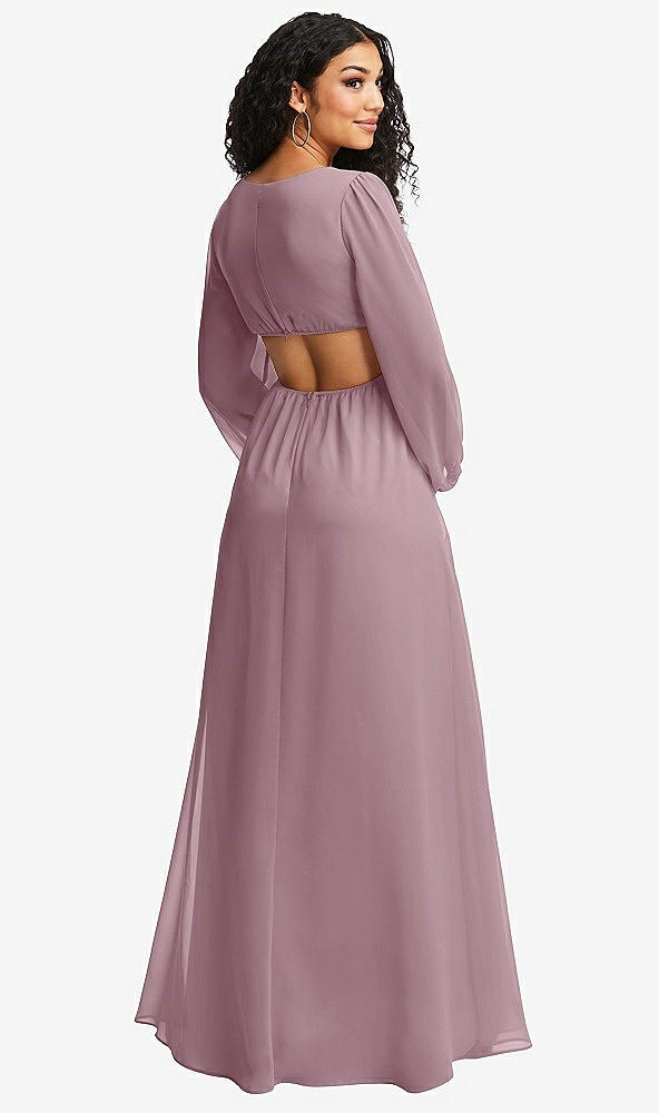 Back View - Dusty Rose Long Puff Sleeve Cutout Waist Chiffon Maxi Dress 