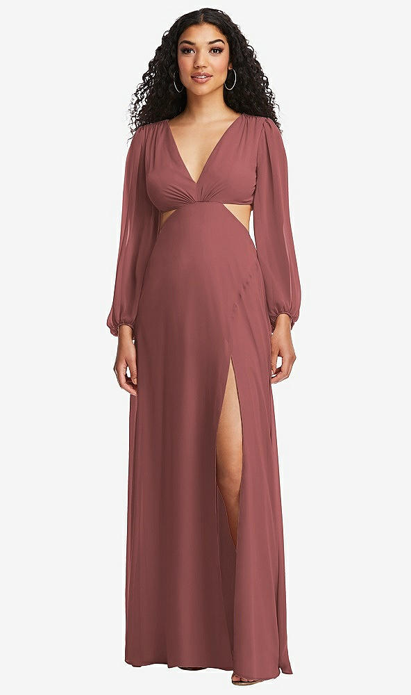 Front View - English Rose Long Puff Sleeve Cutout Waist Chiffon Maxi Dress 