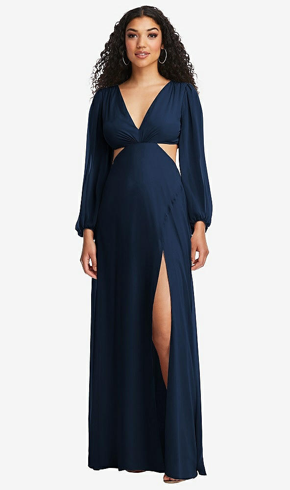 Front View - Midnight Navy Long Puff Sleeve Cutout Waist Chiffon Maxi Dress 