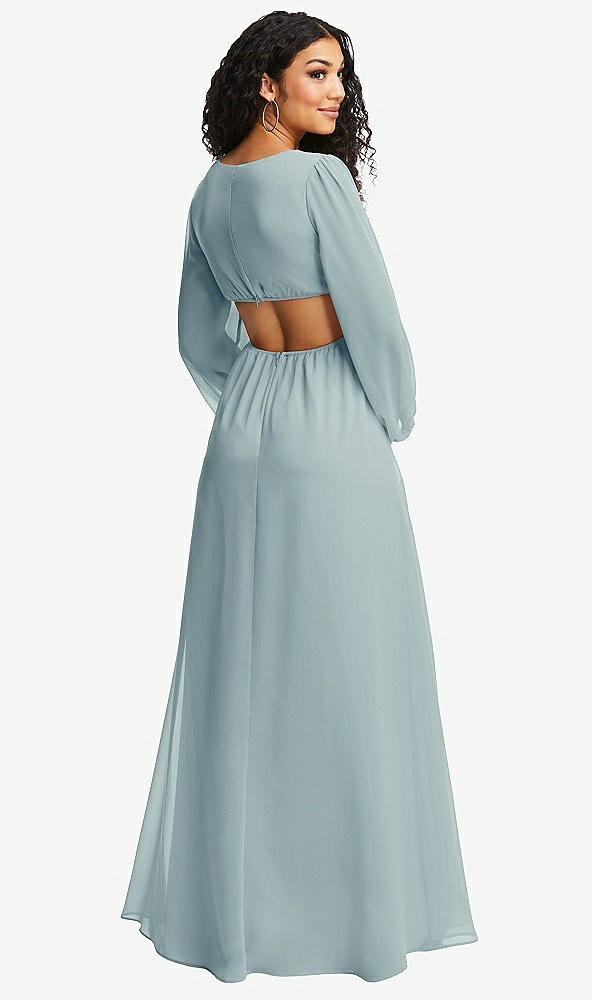 Back View - Morning Sky Long Puff Sleeve Cutout Waist Chiffon Maxi Dress 