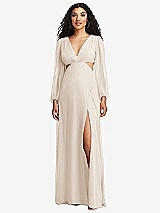 Front View Thumbnail - Oat Long Puff Sleeve Cutout Waist Chiffon Maxi Dress 