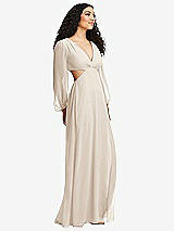 Side View Thumbnail - Oat Long Puff Sleeve Cutout Waist Chiffon Maxi Dress 