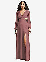 Front View Thumbnail - Rosewood Long Puff Sleeve Cutout Waist Chiffon Maxi Dress 