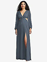 Front View Thumbnail - Silverstone Long Puff Sleeve Cutout Waist Chiffon Maxi Dress 