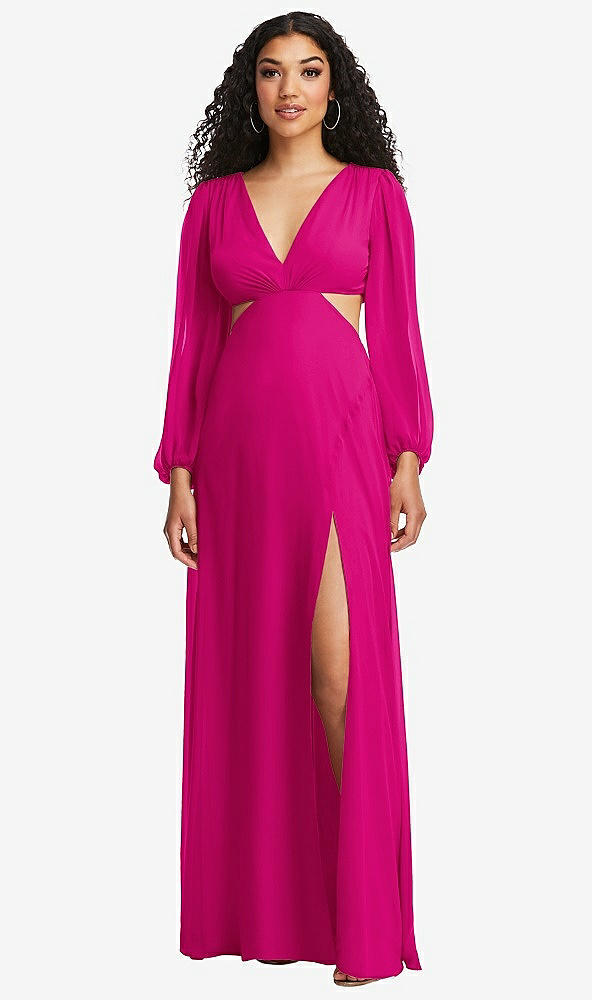 Front View - Think Pink Long Puff Sleeve Cutout Waist Chiffon Maxi Dress 