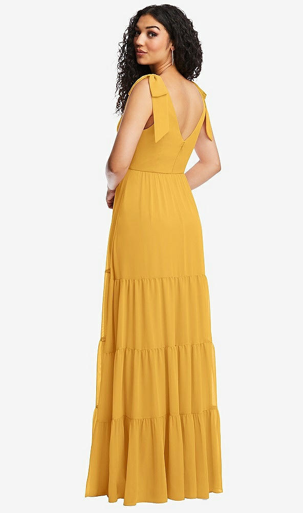 Back View - NYC Yellow Bow-Shoulder Faux Wrap Maxi Dress with Tiered Skirt