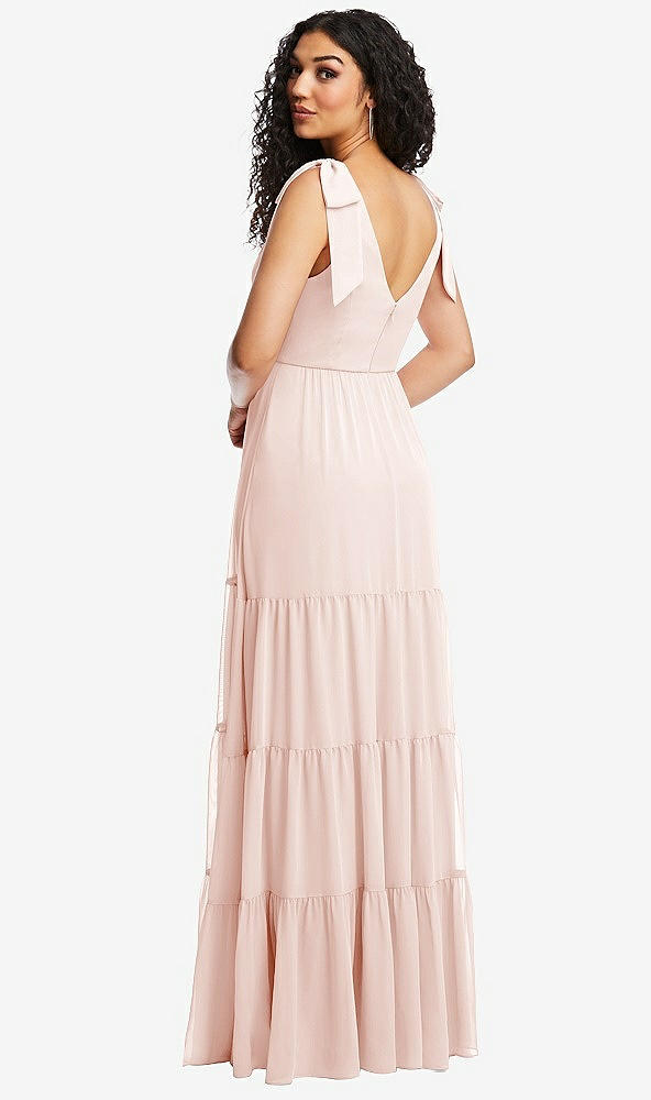 Back View - Blush Bow-Shoulder Faux Wrap Maxi Dress with Tiered Skirt