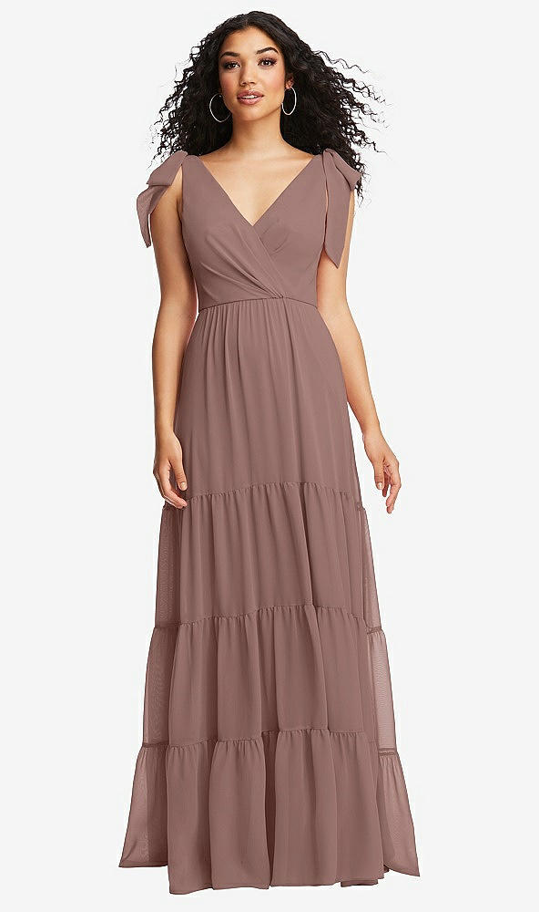 Front View - Sienna Bow-Shoulder Faux Wrap Maxi Dress with Tiered Skirt