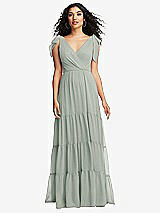 Front View Thumbnail - Willow Green Bow-Shoulder Faux Wrap Maxi Dress with Tiered Skirt