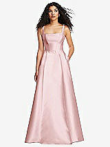 Front View Thumbnail - Ballet Pink Boned Corset Closed-Back Satin Gown with Full Skirt and Pockets