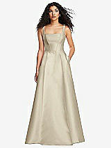 Front View Thumbnail - Champagne Boned Corset Closed-Back Satin Gown with Full Skirt and Pockets