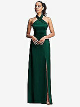 Front View Thumbnail - Hunter Green Shawl Collar Open-Back Halter Maxi Dress with Pockets