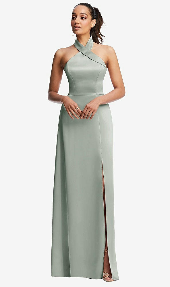 Front View - Willow Green Shawl Collar Open-Back Halter Maxi Dress with Pockets