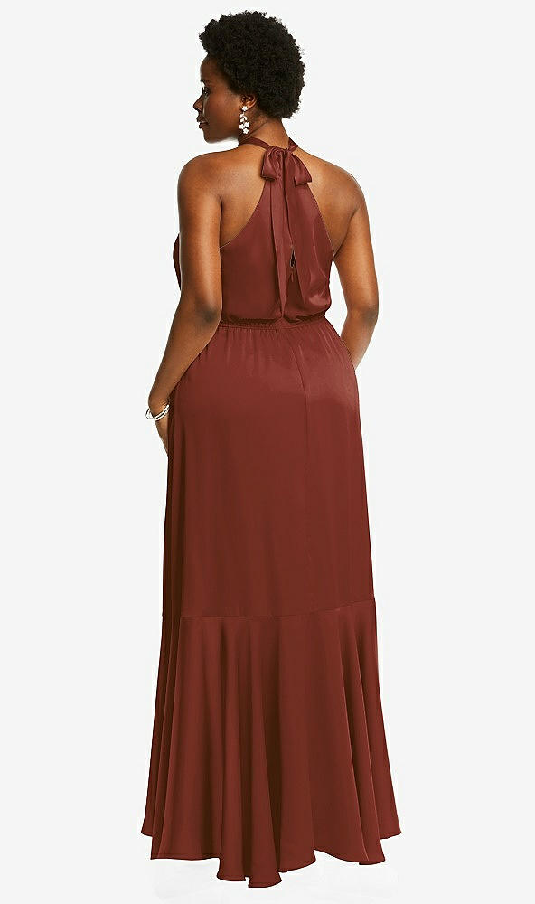 Back View - Auburn Moon Tie-Neck Halter Maxi Dress with Asymmetric Cascade Ruffle Skirt