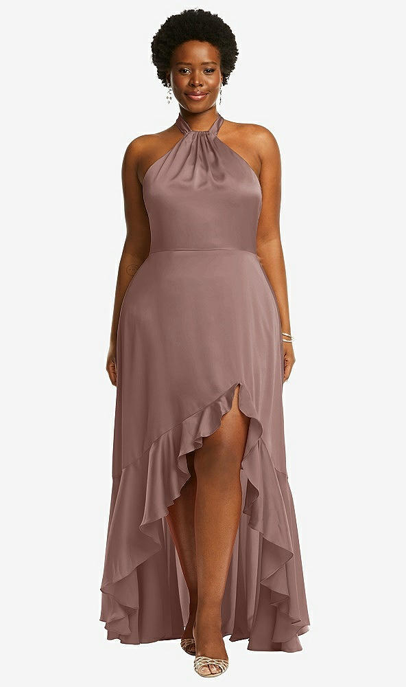 Front View - Sienna Tie-Neck Halter Maxi Dress with Asymmetric Cascade Ruffle Skirt