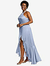 Side View Thumbnail - Sky Blue Tie-Neck Halter Maxi Dress with Asymmetric Cascade Ruffle Skirt