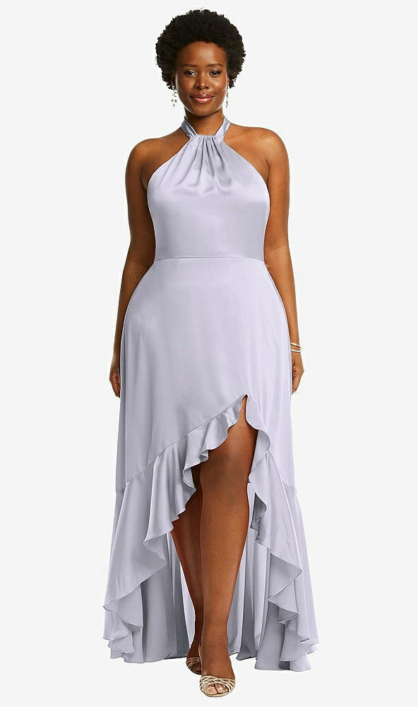 Front View - Silver Dove Tie-Neck Halter Maxi Dress with Asymmetric Cascade Ruffle Skirt