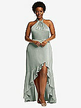 Alt View 4 Thumbnail - Willow Green Tie-Neck Halter Maxi Dress with Asymmetric Cascade Ruffle Skirt