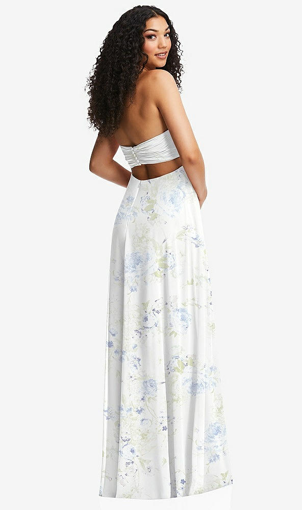 Back View - Bleu Garden Strapless Empire Waist Cutout Maxi Dress with Covered Button Detail