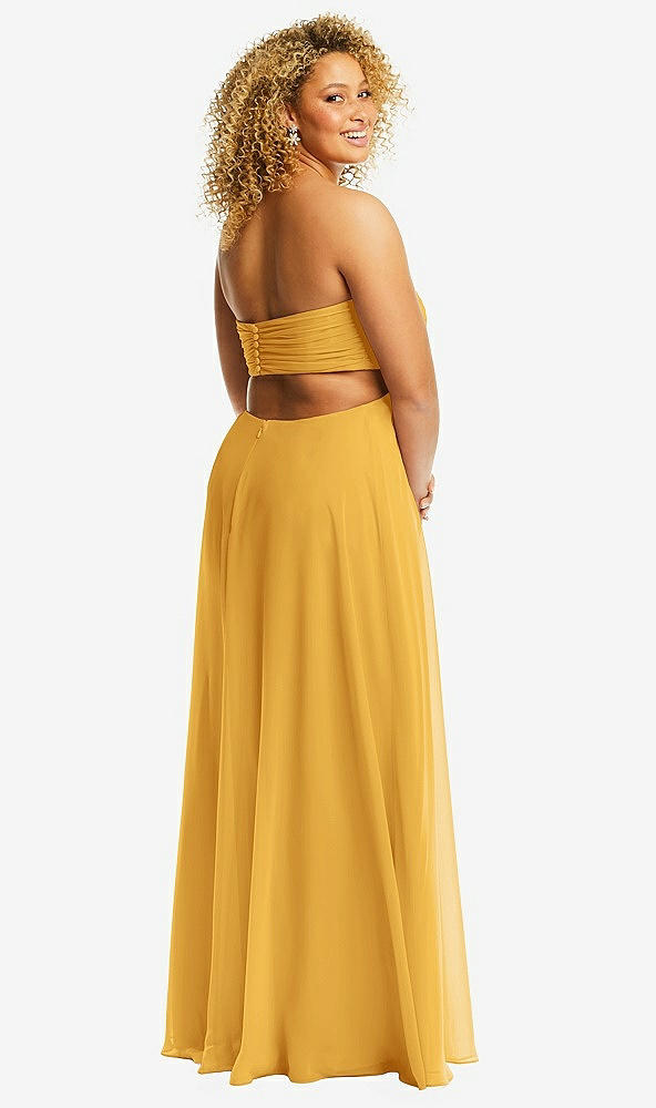 Back View - NYC Yellow Strapless Empire Waist Cutout Maxi Dress with Covered Button Detail