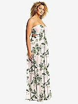 Side View Thumbnail - Palm Beach Print Strapless Empire Waist Cutout Maxi Dress with Covered Button Detail