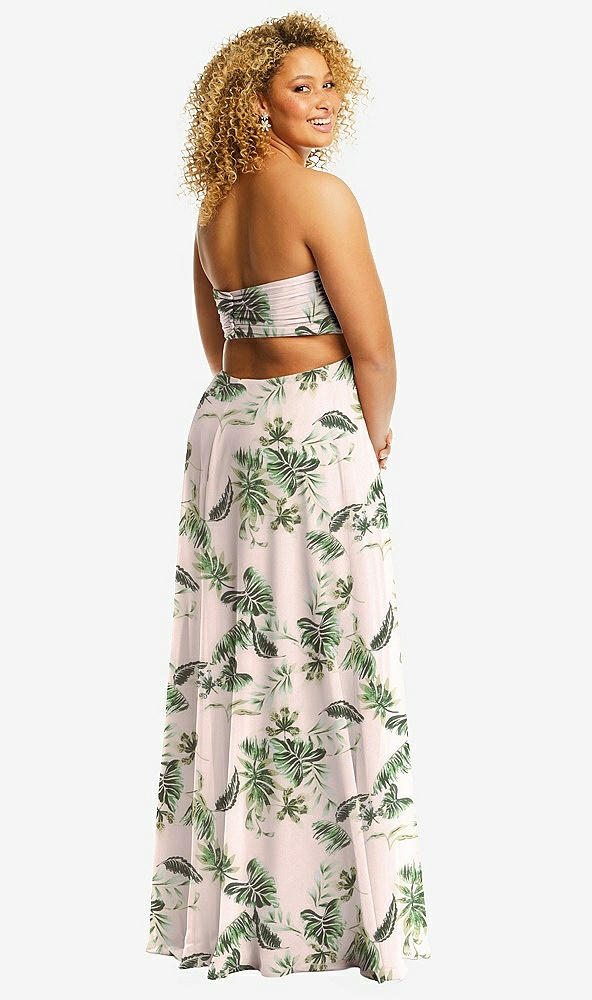 Back View - Palm Beach Print Strapless Empire Waist Cutout Maxi Dress with Covered Button Detail