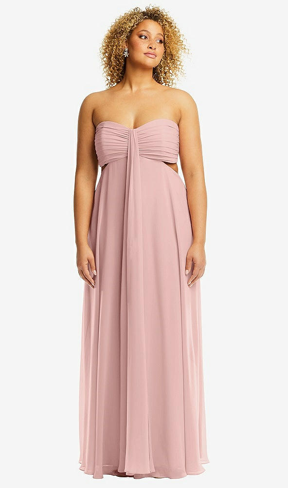 Front View - Rose - PANTONE Rose Quartz Strapless Empire Waist Cutout Maxi Dress with Covered Button Detail