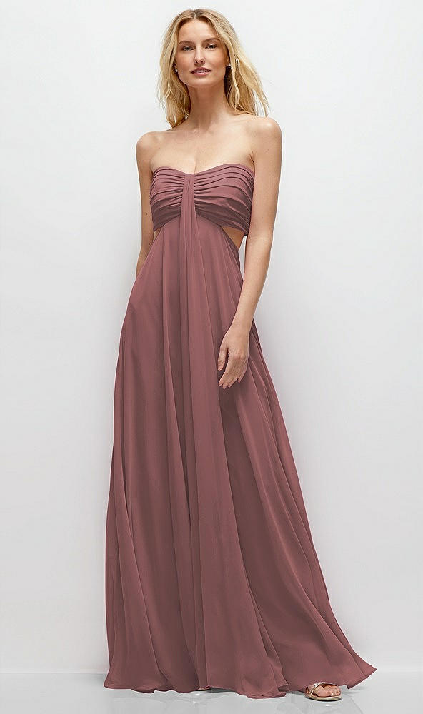 Front View - Rosewood Strapless Empire Waist Cutout Maxi Dress with Covered Button Detail