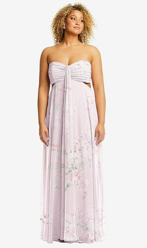 Strapless Empire Waist Cutout Maxi Bridesmaid Dress With Covered Button  Detail In Watercolor Print | The Dessy Group