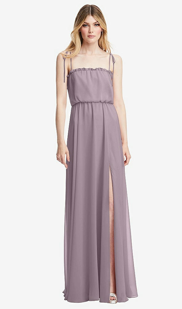 Front View - Lilac Dusk Skinny Tie-Shoulder Ruffle-Trimmed Blouson Maxi Dress